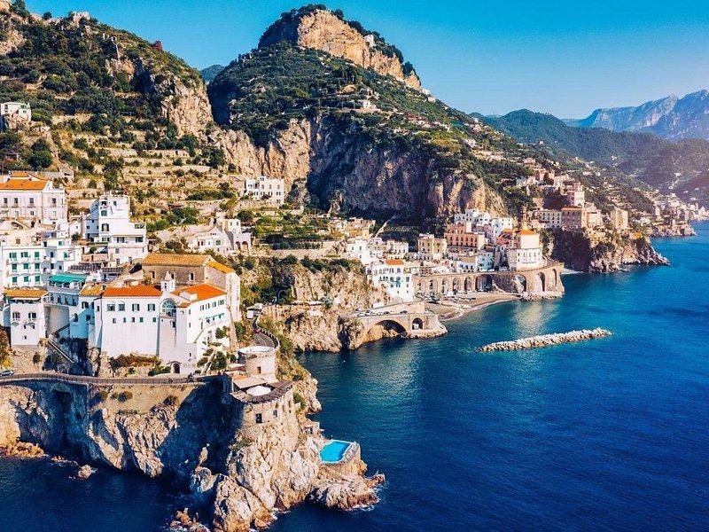 A town of the Amalfi Coast from above, the road threading along the cliffs